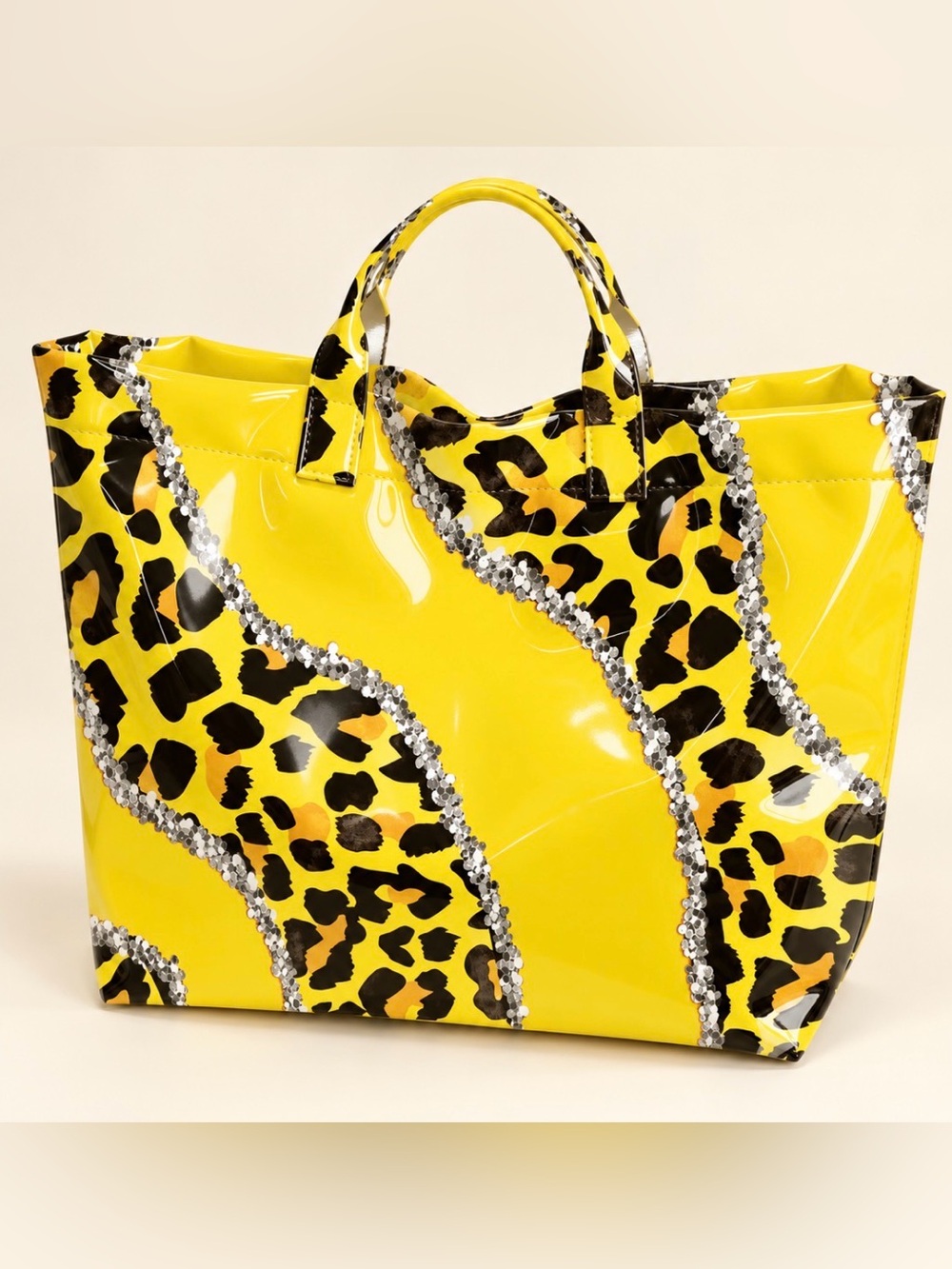Yellow Leopard Print Tote Bag with Sequin Trim